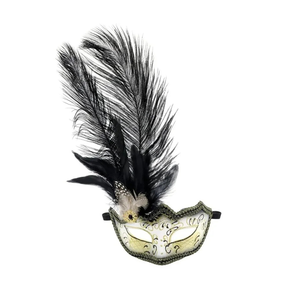 Feather Masquerade Mask Black Silver & Gold Venetian Style Halloween Costume